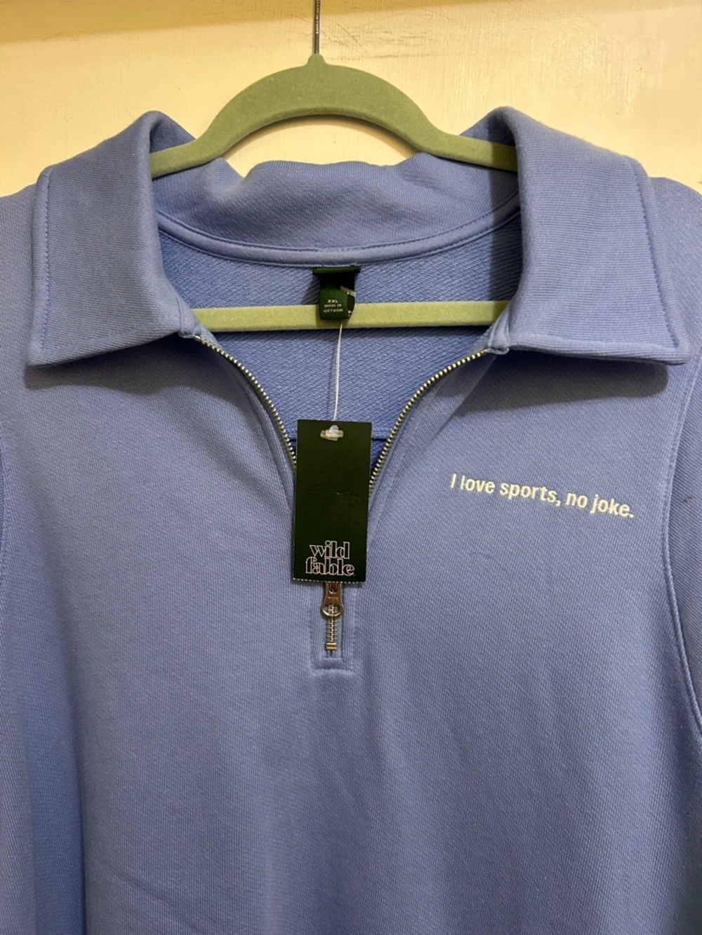 Wild Fable NWT Blue 1/2 Zip Pullover W/‘I love sports, no joke.' Embroidery, XXL - Picture 2 of 9